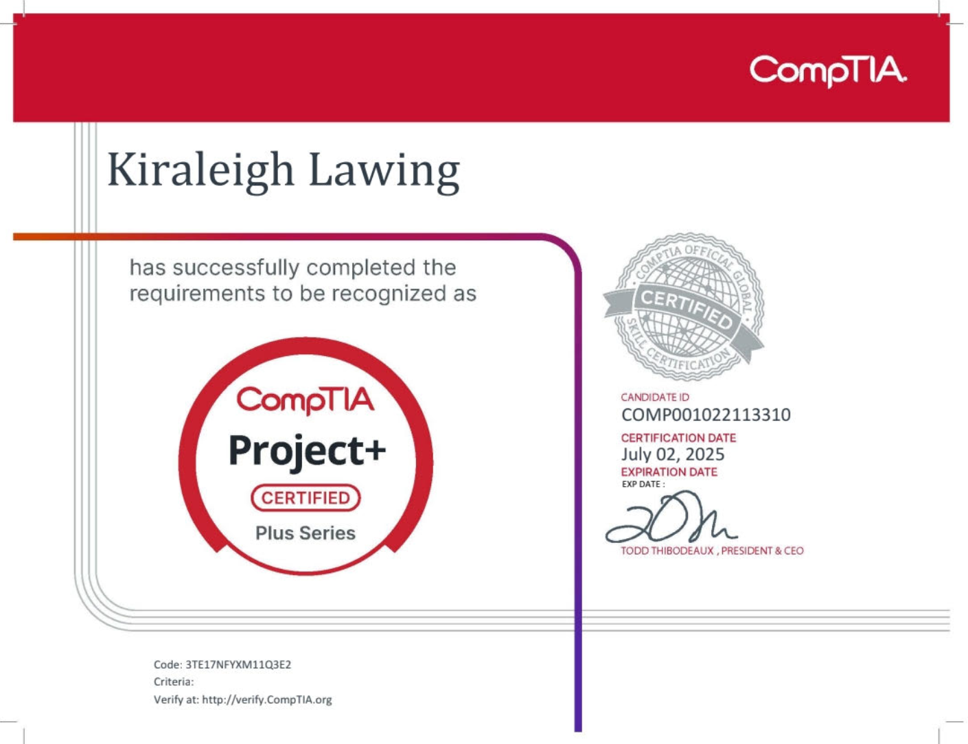 CompTIA Project+ certification badge